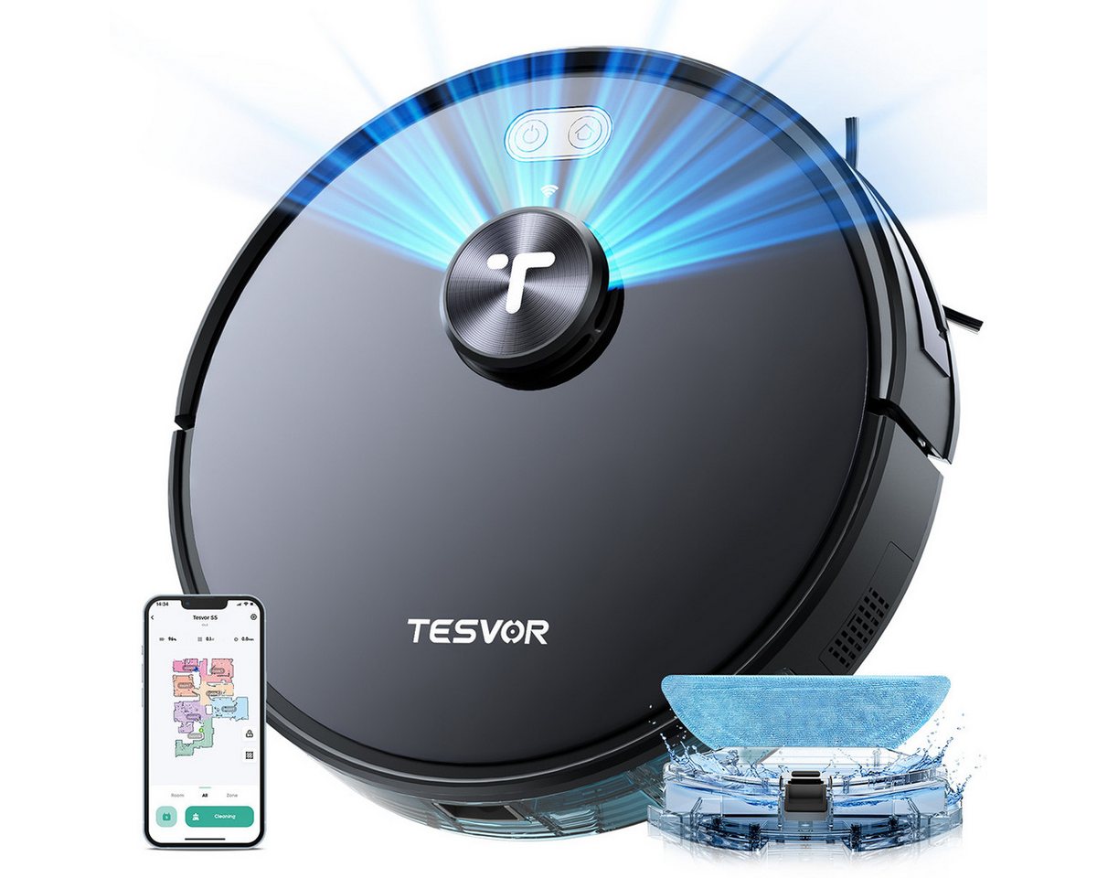 Tesvor Saugroboter S7 Pro Lasernavigation 5200mAh mit Wischfunktion 6000PA, Mit Staubbox beutellos,6000Pa von Tesvor