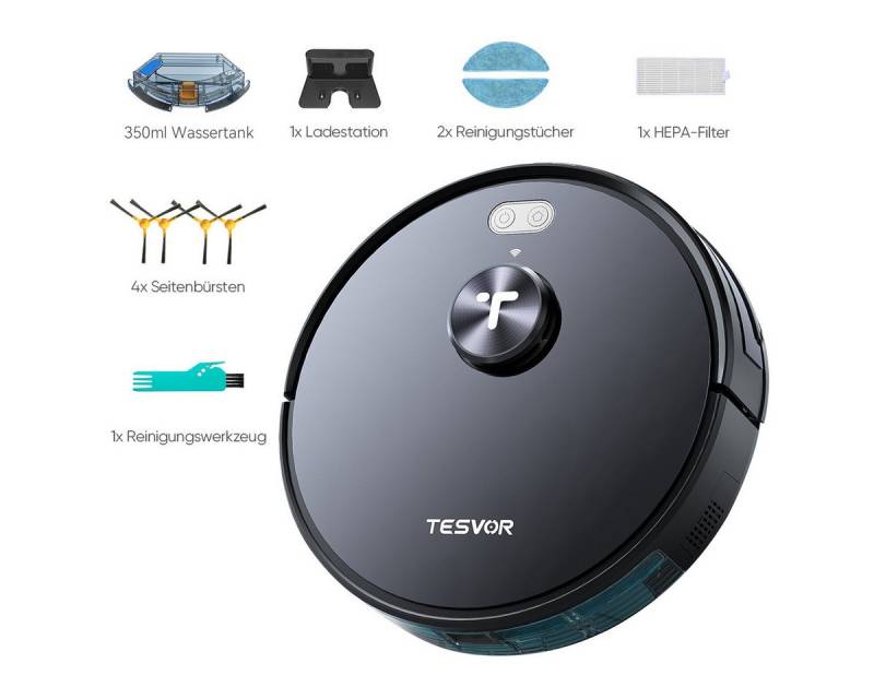 Tesvor Saugroboter S7Pro mit Wischfunktion Staubsauger 6000Pa Lasernavigation 260min, Mit 600ml Staubbox beutellos,mit 350ml Wassertank,6000Pa von Tesvor