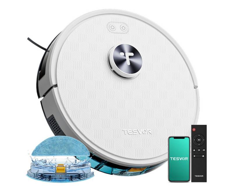 Tesvor Saugroboter S7Pro 260min 6000Pa 5200 mAh Lasernavigation Wischfunktion Staubsauger, 600ML Staubbox Beutellos 6000Pa, 260min,4.2kg,Kantenreinigung von Tesvor