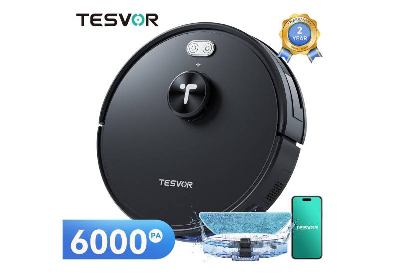 Tesvor Saugroboter S7Pro 260min 6000Pa 5200 mAh Lasernavigation Wischfunktion Staubsauger, 600ML Staubbox Beutellos 6000Pa, 260min,4.2kg,Kantenreinigung von Tesvor
