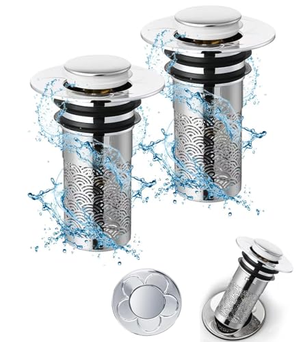 2 Stück Abflussstopfen Waschbecken,Rückprall Kern Push-Typ Waschbeckenstöpsel Abfluss Sieb Universal Pop Up Abflusssieb mit Anti Clogging Sieb für Ablaufgarnitur Waschbecken Küche-Geeignet(Lang) von Tesyeux