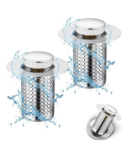 2 Stück Edelstahl Pop Up Abflusssieb,Abflussstopfen Waschbecken,Waschbeckenstöpsel Abfluss Sieb Universal Pop Up Sink Plug mit Anti Clogging Sieb für Ablaufgarnitur Waschbecken Küche Bad von Tesyeux