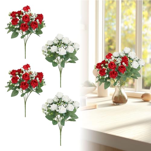 4 Stück Künstliche Rosen Blumen Foamrosen Kunstblumen Blumenarrangements Rosenköpfe Gefälschte Kunstrose Rose DIY Hochzeit Blumensträuße Braut Fake Rose für Hausgarten Party Hotel Büro Dekor(Weiß,Rot) von Tesyeux