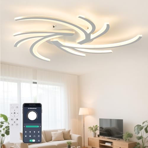 Tetipa LED Deckenleuchte 60W, Deckenlampe Dimmbar Mit Fernbedienung APP, 87cm Wohnzimmerlampe 3 Flammig Kronleuchter Lampe, 3000-6500K deckenbeleuchtung für Schlafzimmer Wohnzimmer von Tetipa