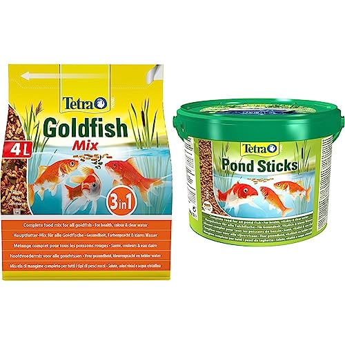 Tetra Pond Goldfish Fischfutter - 3in1 Mix mit Flocken & Pond Sticks - Fischfutter für Teichfische, für gesunde Fische und klares Wasser im Gartenteich, 10 L Eimer von Tetra