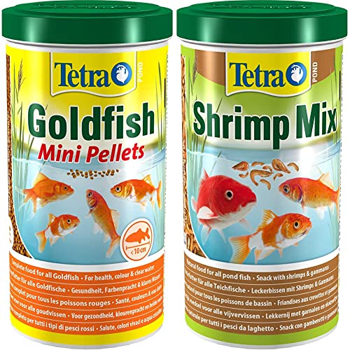 Tetra Pond Goldfish Mini Pellets Fischfutter - für kleine Goldfische und Kaltwasserfische im Gartenteich, 1 L & Pond Shrimp Mix - Snack für Teichfische aus natürlichen Shrimps und Gammarus, 1 L von Tetra