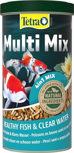 Tetra Pond Multi Mix – Fischfutter für verschiedene Teichfische mit vier Futtersorten (Flockenfutter, Futtersticks, Gammarus, Wafer), 1 L Dose von Tetra