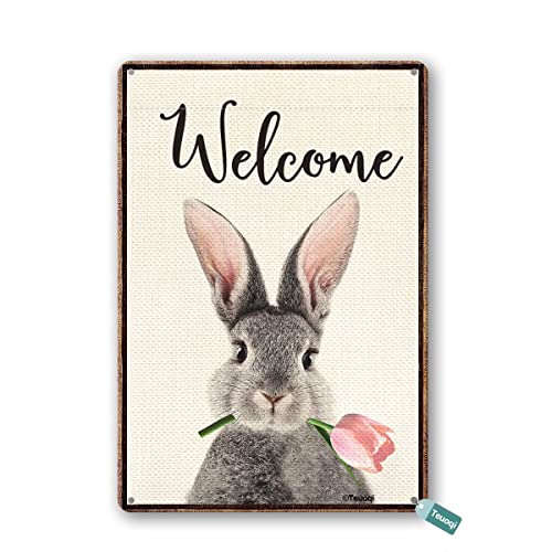 Teuoqi Retro-Blechschild "Welcome Rabbit Spring Easter Bunny Tulip Holiday Valentines Day" Metallschilder Wanddekoration 20,3 x 30,5 cm von Teuoqi