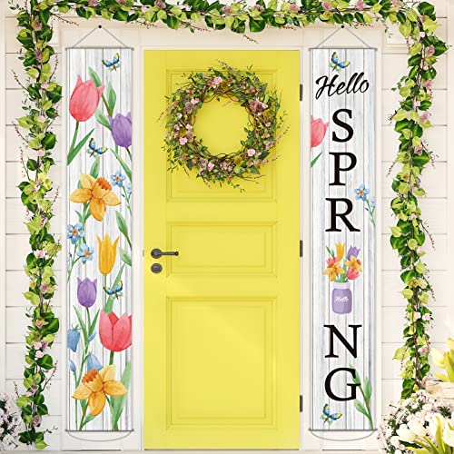 Hello Spring Blumenschild für Veranda, Aquarell, Blumen, Schmetterlinge, Banner, Türschild, Dekoration, Vintage, Frühlingsblume, hängende Türbanner für Haustür, Innen- und Außenbereich, Veranda, von Tevxj