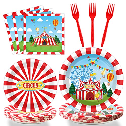 Tevxj Zirkus Party Teller Servietten Karneval Party Geschirr Karneval Zirkus Einweg Pappteller Servietten Happy Birthday Party Dekorationen Supplies Gastgeschenke für 24 Gäste von Tevxj