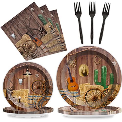 Western Party Teller Servietten Western Cowboy Thema Party Geschirr Wild West Einweg-Pappteller Servietten Holzhaus Scheunentür für Babyparty Geburtstag Party Dekorationen Supplies Favors 24 Gäste von Tevxj