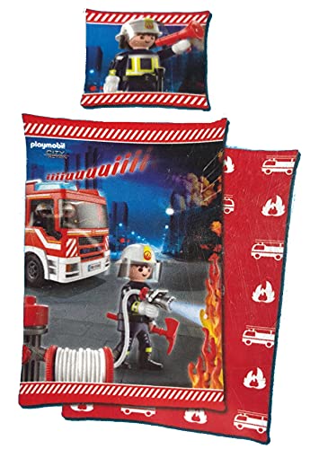 Bettwäsche Playmobil Feuerwehreinsatz Bezug 135x200cm Kissen 80x80cm 100% Baumwolle von Tex idea