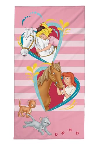 Tex Idea Bibi und Tina Strandtuch 75x150 cm mit Pferde, Herzen und Kätzchen • Großes Badetuch für Mädchen Handtuch aus 100% Baumwolle, Velours, Rosa, von Tex Idea