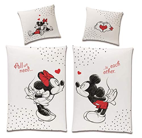 Wende-Bettwäsche Set Disney Classic Mickey und Minnie Mouse in Love 135x200 80x80 cm aus 100% Baumwolle Weiss Rot Partner-Bettwäsche (4-TLG) von Tex Idea