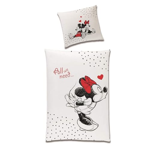 MINNIE MOUSE Tex idea Wende- Set Disney Classic Mickey Love Größe 135 x 200cm 80 x 80cm 100% Weiss Rot Partner- (2-TLG) von Tex Idea