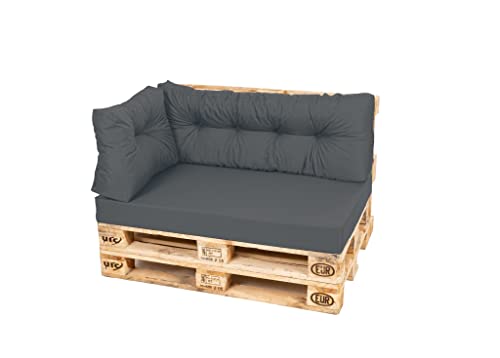 TexDeko Comfort Palettenkissen wasserabweisend 120 x 80 x 12cm XL mit abnehmbarem Bezug waschbar In- & Outdoor Palettenpolster Schaumstoff mit Rückenkissen gesteppt (3 TLG-Set, Anthrazit) von TexDeko