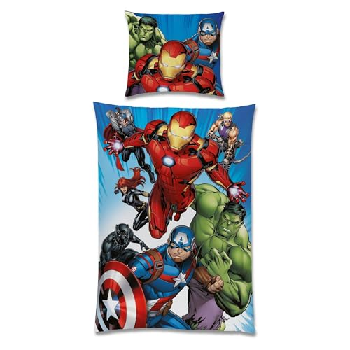 Marvel Avengers Bettwäsche zum Wenden · Comic Style · Set 135x200cm + 80x80cm · 100% Baumwolle mit Reißverschluss Kinder-Bettwäsche,2 Stück, blau von Marvel