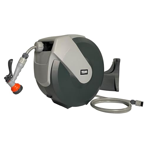 TEXAS Automatik Schlauchtrommel LUX 35m (35 Meter Schlauch 1/2", Handbrause mit 7 Sprühfunktionen, 2 Schnellverschlusskupplungen, 2 Meter Zulaufschlauch) von Texas