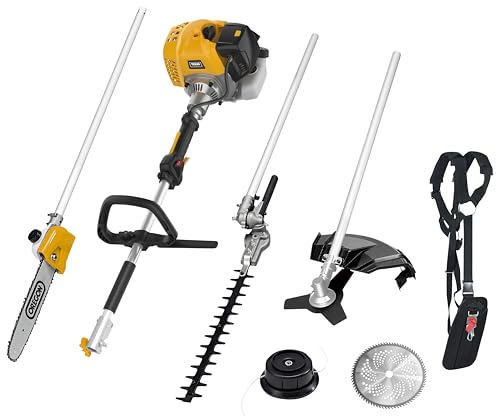 TEXAS Benzin Motorsense BCU52M 5in1 Profi Set Rasentrimmer Freischneider Hochentaster Hochheckenschere Kettensäge | 52cm² | 1,7PS | 2-Takt | Profi-Tragegurt | 3-Zahnmesser | 80-Zahnmesser | Fadenspule von Texas