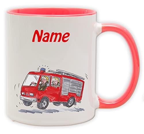 Kindertasse - Becher mit personalisiertem Namen und Motiv - Spülmaschinenfest und beidseitig bedruckt (Feuerwehr_Henkel&Innen_Rot) von Texmacher