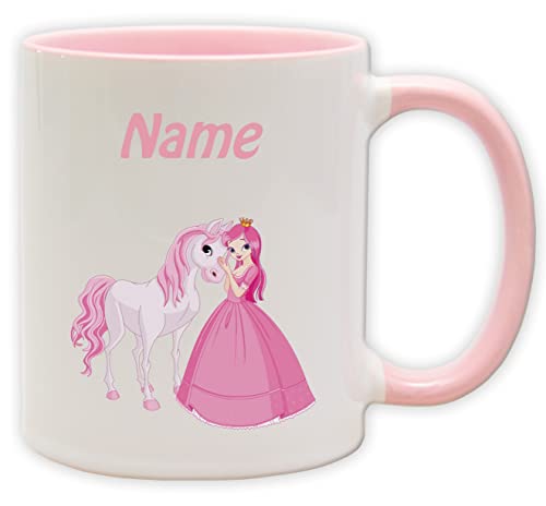 Kindertasse - Becher mit personalisiertem Namen und Motiv - Spülmaschinenfest und beidseitig bedruckt (Prinzessin_Henkel&Innen_Pink) von Texmacher