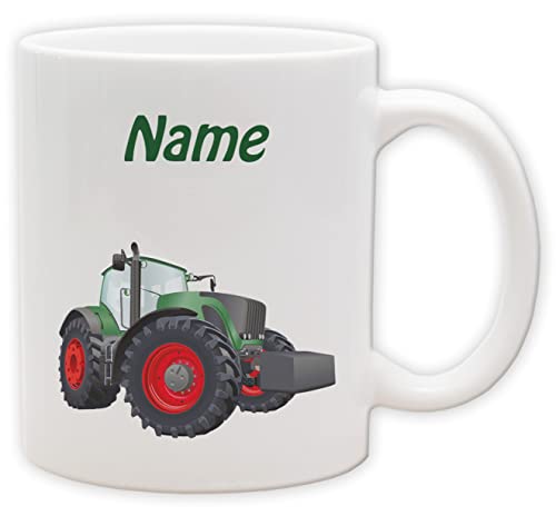 Kindertasse - Becher mit personalisiertem Namen und Motiv - Spülmaschinenfest und beidseitig bedruckt (Trecker_Henkel&Innen_Weiss) von Texmacher