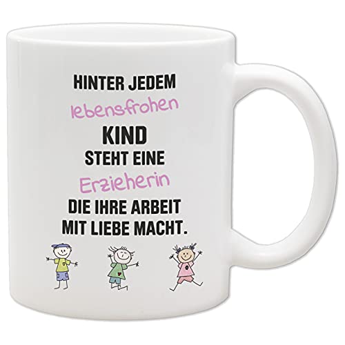 Tasse - Becher mit Spruch für Erzieherin oder Erzieher - Hinter jedem lebensfrohen Kind... - (Pinker Aufdruck - Innen & Henkel Weiß) von Texmacher