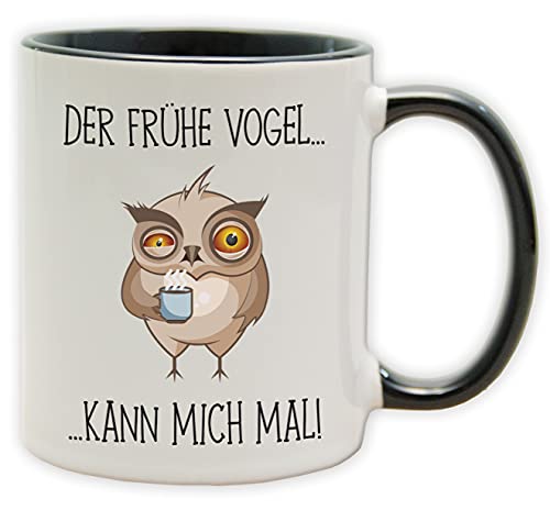 Tasse - Becher mit Spruch und Eule - Der frühe Vogel...kann mich mal! - Spülmaschinenfest und beidseitig bedruckt - Als witziges Geschenk für Job, Beruf und Arbeit. … (Innen & Henkel Schwarz) von Texmacher