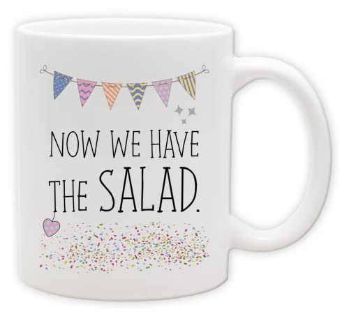 Tasse - Becher mit Spruch und Partysymbolen - lustige denglische und engleutsche Statements als Geschenk (Innen & Henkel Weiss, Now we have the salad.) von Texmacher