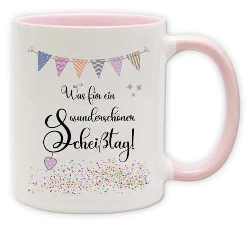 Tasse - Party Becher mit Spruch - lustige Statements als Geschenk (Henkel&Innen_Pink, Was für ein wunderschöner Scheißtag!) von Texmacher