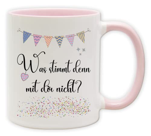 Tasse - Party Becher mit Spruch - lustige Statements als Geschenk (Henkel&Innen_Pink, Was stimmt denn mit dir nicht?) von Texmacher