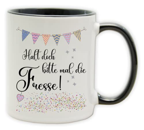 Tasse - Party Becher mit Spruch - lustige Statements als Geschenk (Henkel&Innen_Schwarz, Halt doch bitte mal die Fresse!) von Texmacher