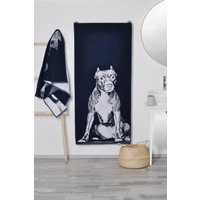 Blaues Baumwoll Badetuch Pit Bull Hund Portrait von TextileIdea