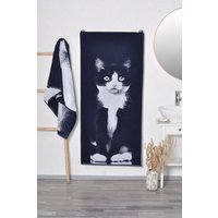 Schwarz-Weißes Katzen Badetuch, Blaues Strandtuch, Geschenk Für Katzenliebhaber, Gewebtes Baumwolltuch, Katzenhandtuch, Katzenliebhaber von TextileIdea