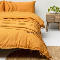 Senf Gelb Baumwolle Tufted Bettbezug Boho Bettwäsche Königin König Tröster Abdeckung Mit Kissenbezüge Gold Set von TextileTresor