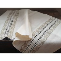 Vintage Gewebter Tischläufer Leinen Weiß Olivgrün Bauernhaus Küche Läufer von TextilesVintage