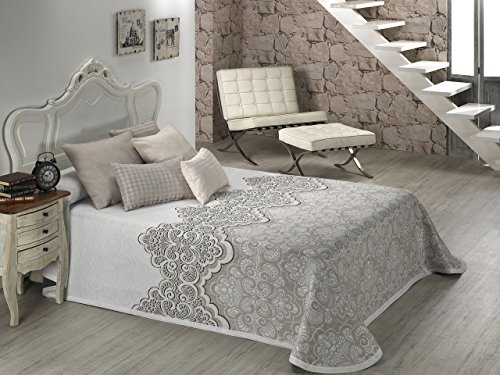 Textilia Duero Farbe 1 Tagesdecke Bettüberwurf für 180 cm Bett 270 x 270 cm, Polyester, Weißer Hintergrund mit niedrigem Beige von Textilia
