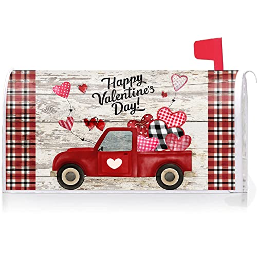 Texupday Happy Valentine's Day Love Heart Red Truck Buffalo Plaid Mailbox Cover with Magnetic Strip Holiday Mailbox Wraps Post Letter Box Cover Standard Size 53,3 x 45,7 cm for Garden Outdoor Yard von Texupday
