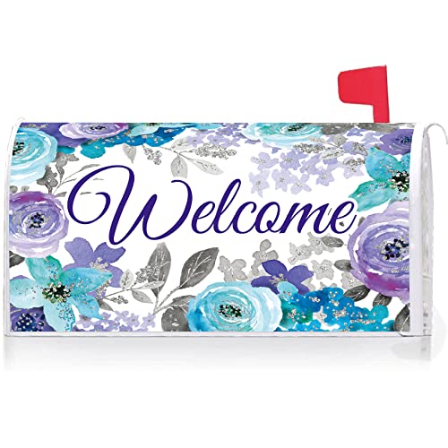 Texupday Welcome Spring Summer Blue Purple Floral Dekoration Mailbox Cover with Magnetic Strip Mailbox Wraps Post Letter Box Cover Standard Größe 53,3 x 45,7 cm for Garden Outdoor Yard Decor von Texupday