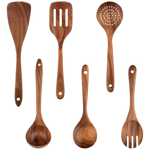 Teakholz-Kochutensilien-Set, 6-teiliges Küchenhelfer mit langem Griff, antihaftbeschichtet und hitzebeständig, ideal zum Rühren, Mischen und Servieren von Texvora