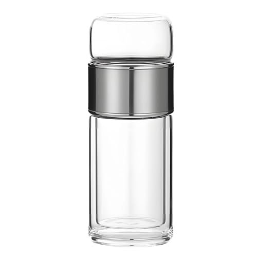 Tee-Reisebecher aus Glas mit Edelstahl-Teesieb, doppelwandig, 480 ml, hitzebeständiges Teesieb, Silber von Texvora