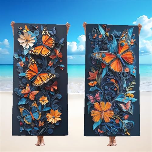 Mikrofaser Strandtuch 220x100cm, Blumen Strandtuch Schmetterling 2er Set, Saunahandtuch Stranddecke Sandfrei Saugfähig Schnelltrocknendes Leichtes Sporthandtuch für Pool Strand Yoga Geschenke,Model137 von Tgllzzca