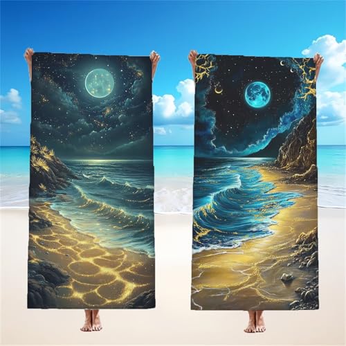 Strandtuch 220 x 100 cm, Mond Mikrofaser Strandtuch Ozean Strandhandtuch Groß, Saugfähig Schnelltrocknendes Leichtes Sandfrei Saunahandtuch Mit Schnapp Design für Schwimmen Strand Reisen, Model153 von Tgllzzca