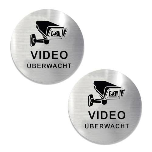 2 Stück Videoüberwachung Schild Klein Selbstklebend Gebürstete Aluminiumoberfläche Videoüberwachungswarnschilde Durchmesser von 10 cm für Türen und Verschiedene Oberflächen von Tgsedr