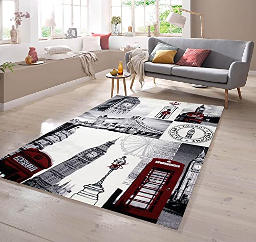 Designer Teppich London Motiv Creme Grau Rot Schwarz Größe 200 x 290 cm von Th TeppichHome24