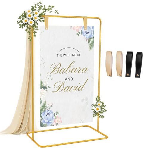 Hochzeitsschild Halter, Verstellbare Höhe 173cm - 127cm Display-Schilder mit 4 Lederriemen, Metall-Posterhalter, Willkommens-Halter für Hochzeitsschild, Poster, Malerei, Gold von Thaijoy