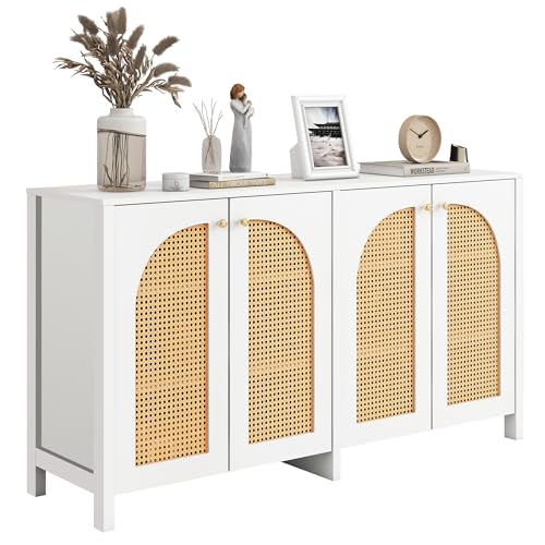 Thanaddo Modernes Sideboard mit Rattantüren, 145 x 80 x 40 cm, Weiß, 4 Türen, Metallgriffe, für Wohnzimmer und Esszimmer von Thanaddo