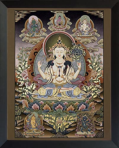 Thangka Avalokiteshvara Lokeshvar Kunstdruck religiöses Wandbild mit schönen schwarzen Holzrahmen hinter Glas 40x50 cm von Thangka Reproduktion