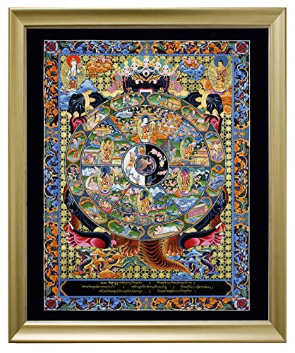 Thangka Buddha Lebensrad Leinwandbild Druck religiöses Wandbil mit schönen goldenen Holzrahmen 40x50 cm von Thangka Reproduktion