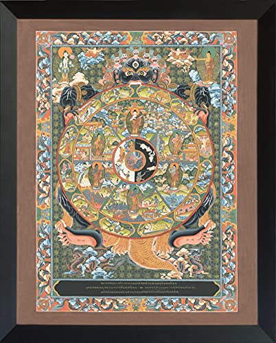 Thangka Das buddhistische Lebensrad Leinwandbild Druck religiöses Wandbild mit schwarzen Holzrahmen 40x50 cm von Thangka Reproduktion